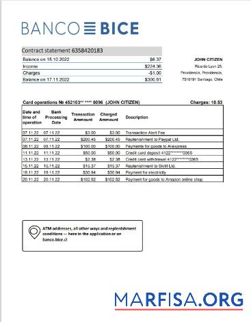 Blank Chile Banco Bice bank statement excel version 2 example
